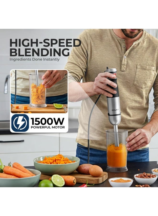 ROUNY Immersion Hand Blenders, 6 in 1 Handheld Blender, 1500W Brushless Motor,Steel Stick Blender with 12 Speed,Whisk,Beaker,Masher,Milk Frother,Food Processor for Kitchen and Food - Image 3